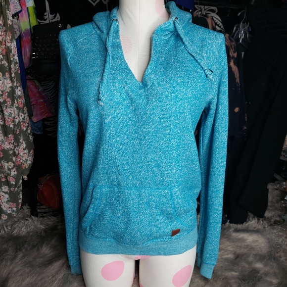 Roxy ☆ Womens Juniors Turquoise Aqua Blue Heather Kangroo Hoodie Sweatshirt S - Picture 1 of 15